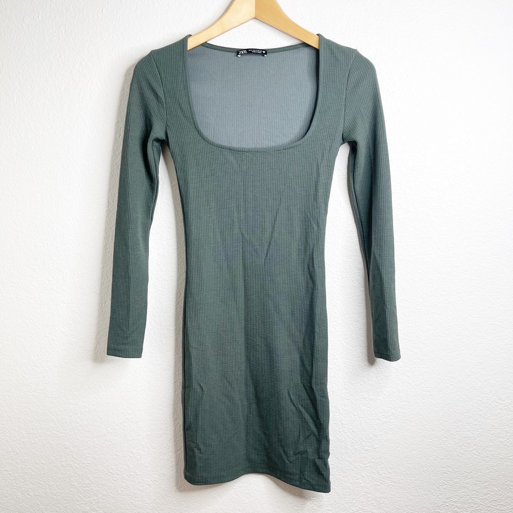 Zara Womens Ribbed Knit Scoop Neck Long Sleeve Bodycon Mini Dress Green Small